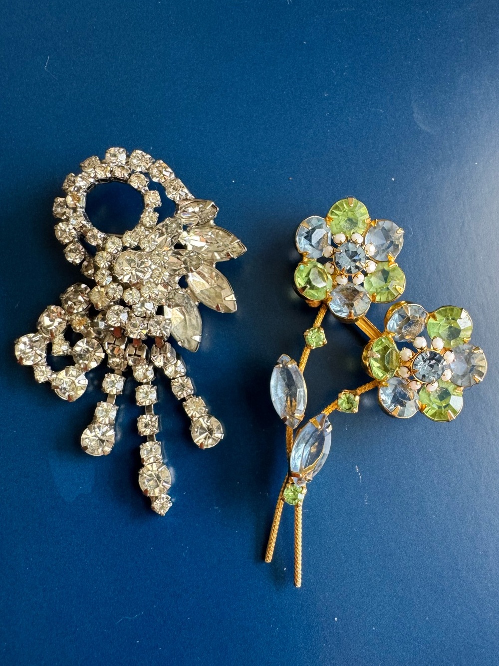 Vintage Crystal Floral Brooches - Clear & Green